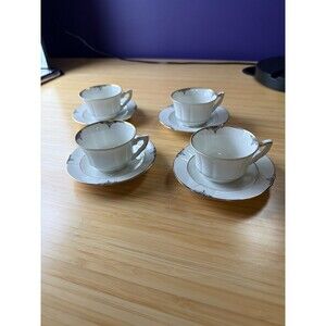 Vintage White & Gold Tea Cups Saucers Set of 4 Art Deco Style Import